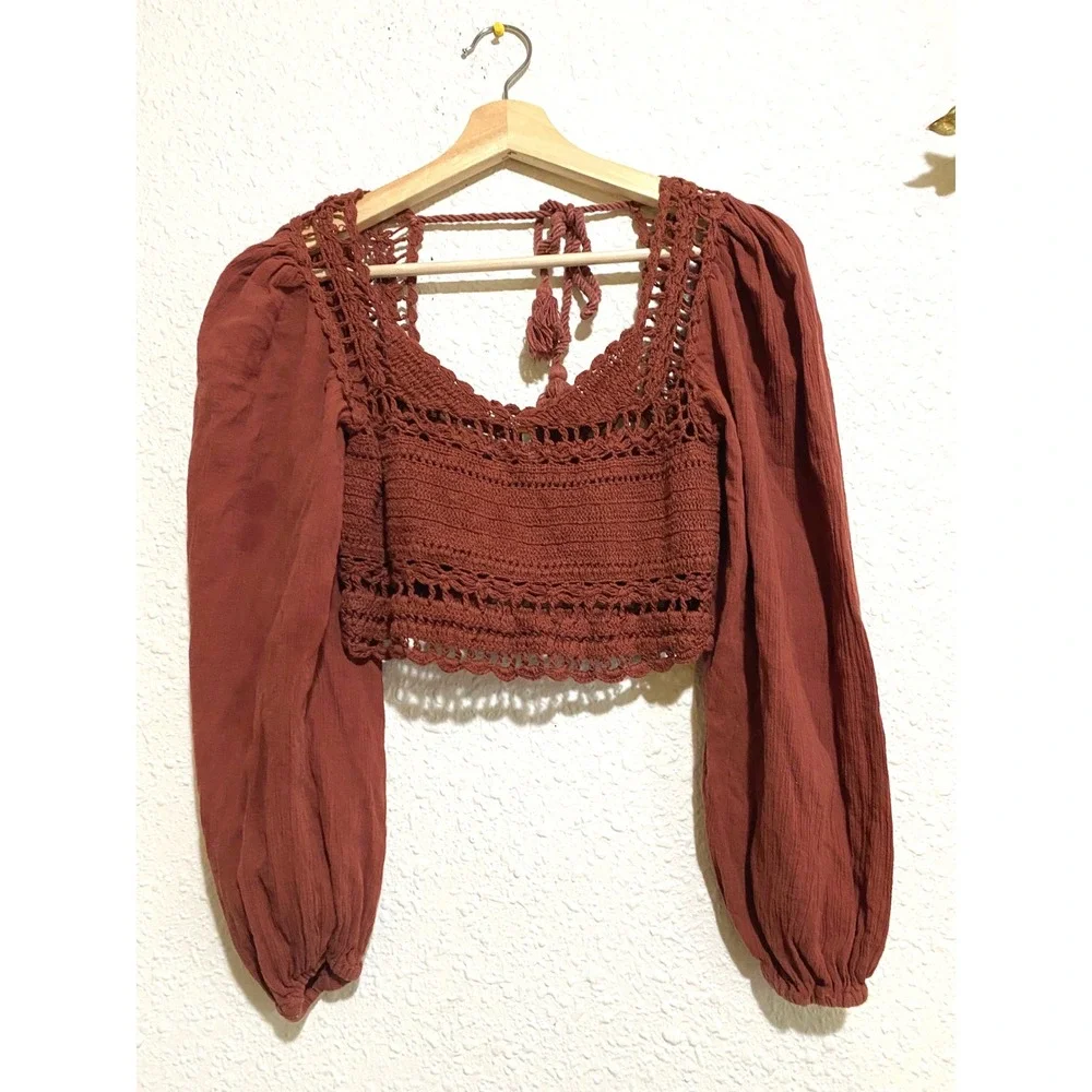 Free People babydoll fairy whimsy y2k resort Crochet Gauze Crop Top Rust Boho XS